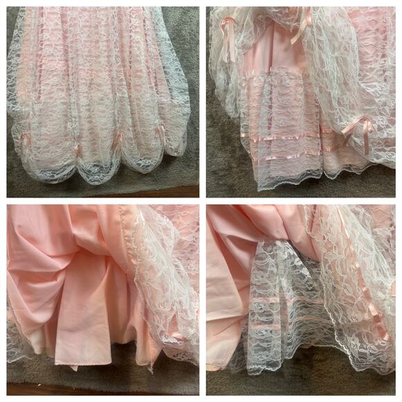 Vintage 80s Pale Pink Lace Off Shoulder Full Skirt Prom Dress Prairie Cottage - Picture 13 of 14